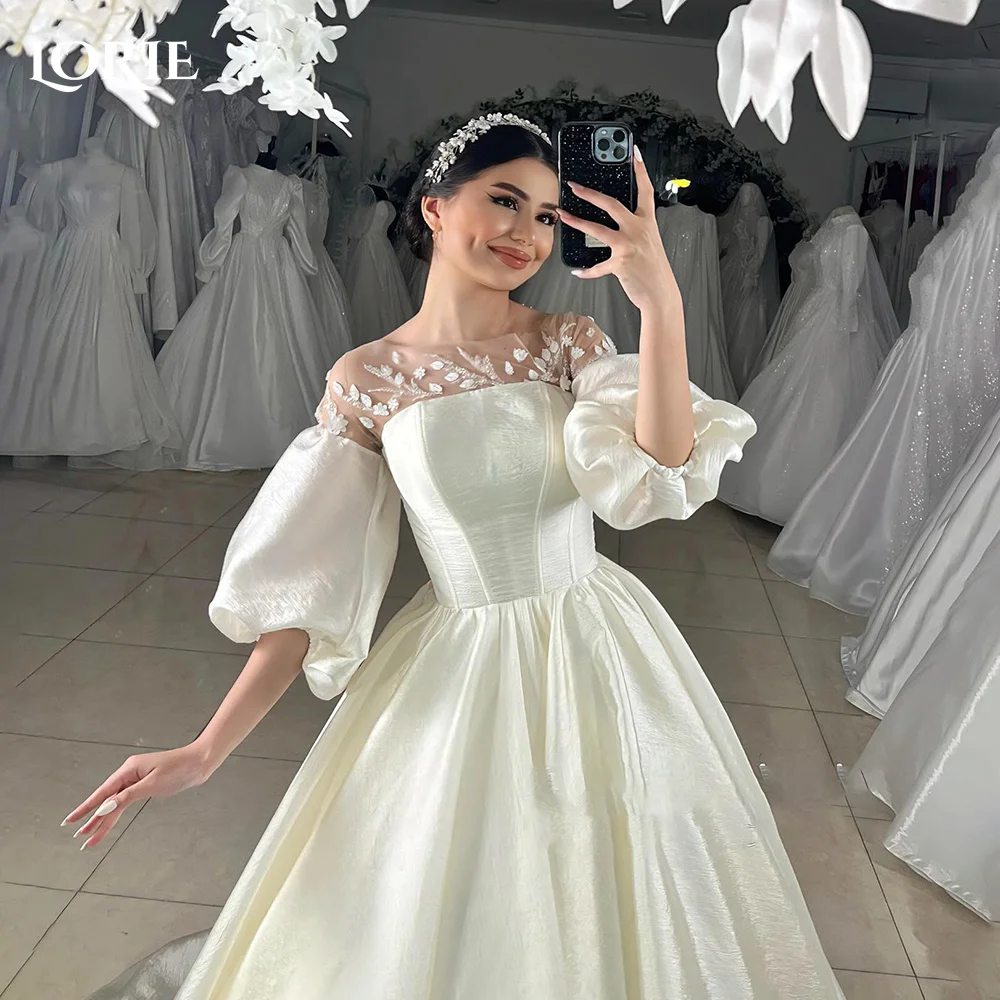 

LORIE Applique Wedding Dress Off Shoulder Sweet 3D Flower A-LINE Prom Dresses Puff Sleeve Illsion Party Gown Customized Bridal