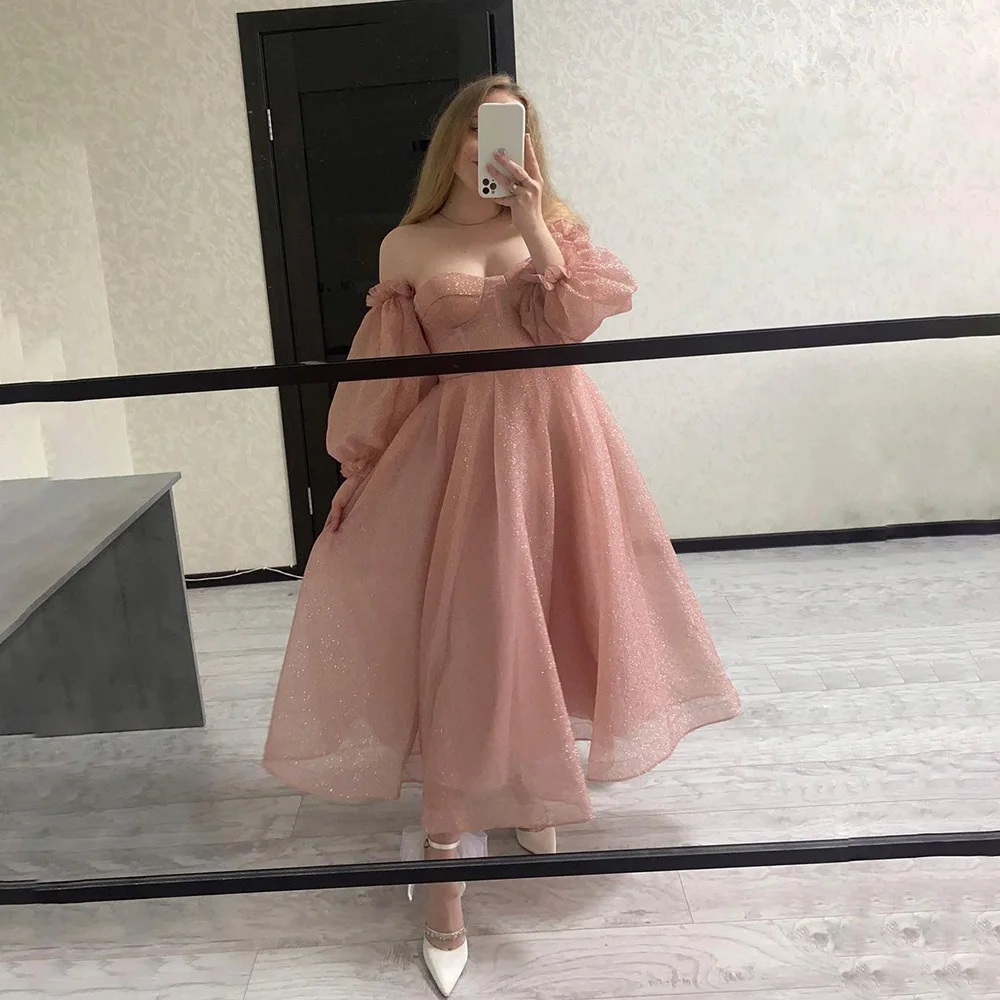 

Sweetheart Collar Sparkle Sequins A-line Puffy Prom Dress Tea-Length Backless with Detachable Puff Sleeve Prom Gown Vestido