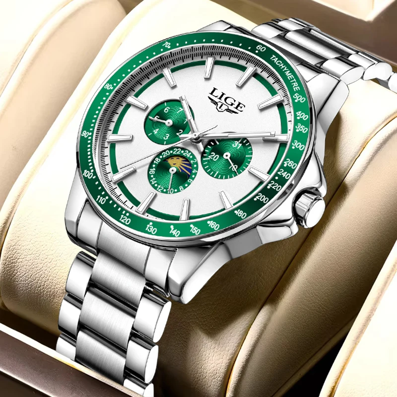 

LIGE креативные модные кварцевые мужские часы, повседневные спортивные роскошные часы из нержавеющей стали с фазой Луны, водонепроницаемые светящиеся часы для мужчин, новинка