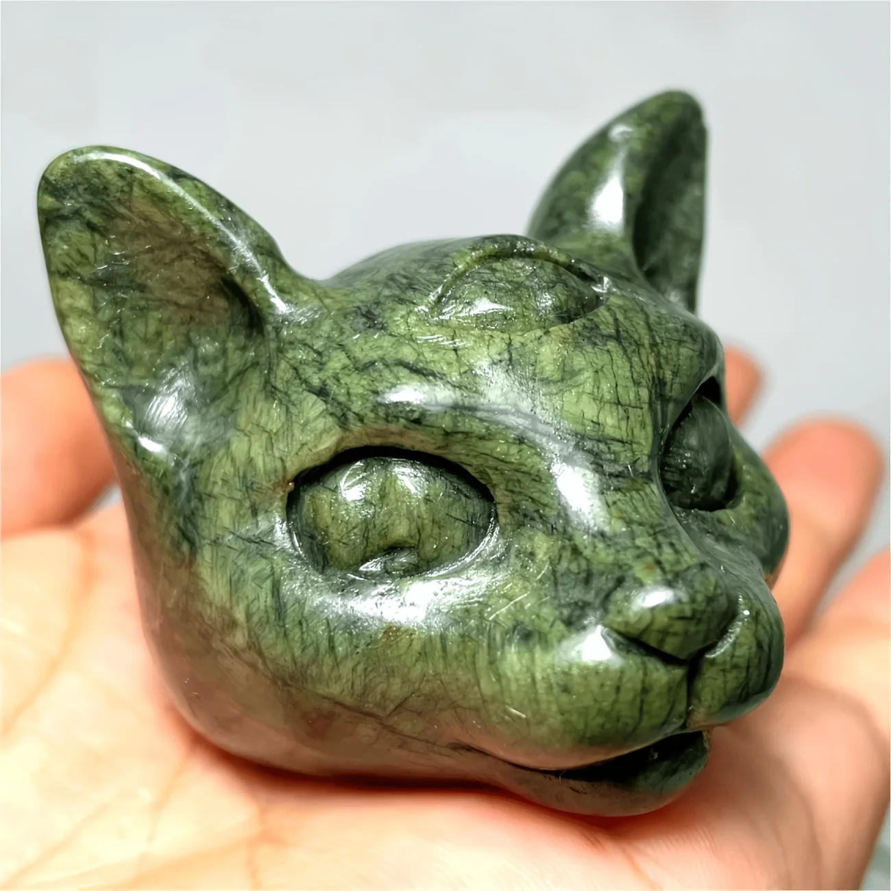 A Cute Natural Serpentine Cat Artificial Crystal Figurine,Three-eyed Kitty Mythical Beast Statue. Perfect Gift for Halloween