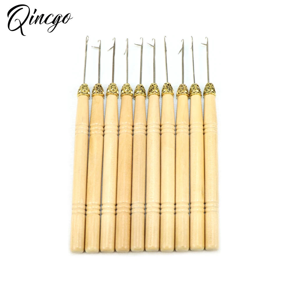 

10 Pcs Wooden Handle Hook Needle Micro Rings Loop Threader Pulling Needle Tools For Micro Braids Hair Extension Weaving