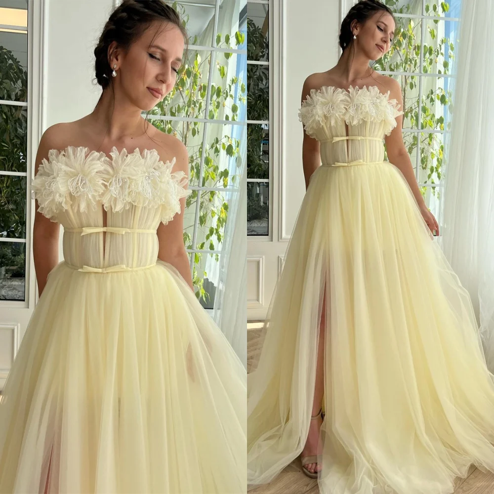 Personalizado simples amarelo tule vestido de noite clássico sem alças sem mangas vestidos de celebridades temperamento vestidos de ocasião especial