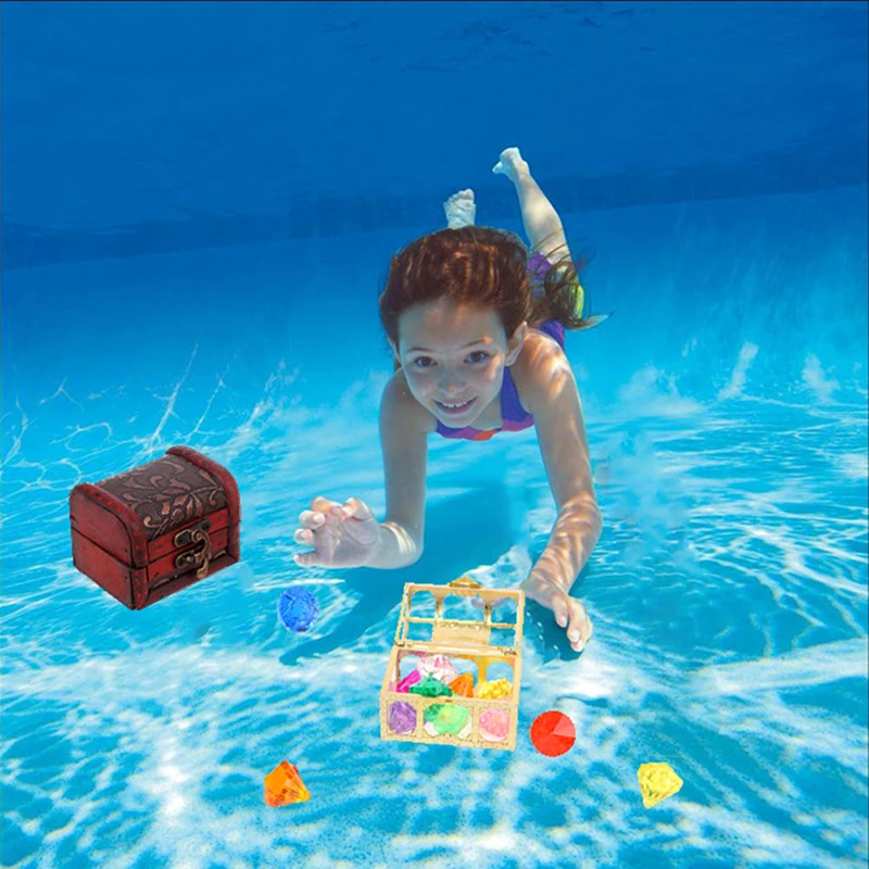 ของเล่นสระน้ำประดับเพชรสีสันสดใสขนาดใหญ่10เม็ดพร้อมกล่องโจรสลัดสมบัติว่ายน้ำ