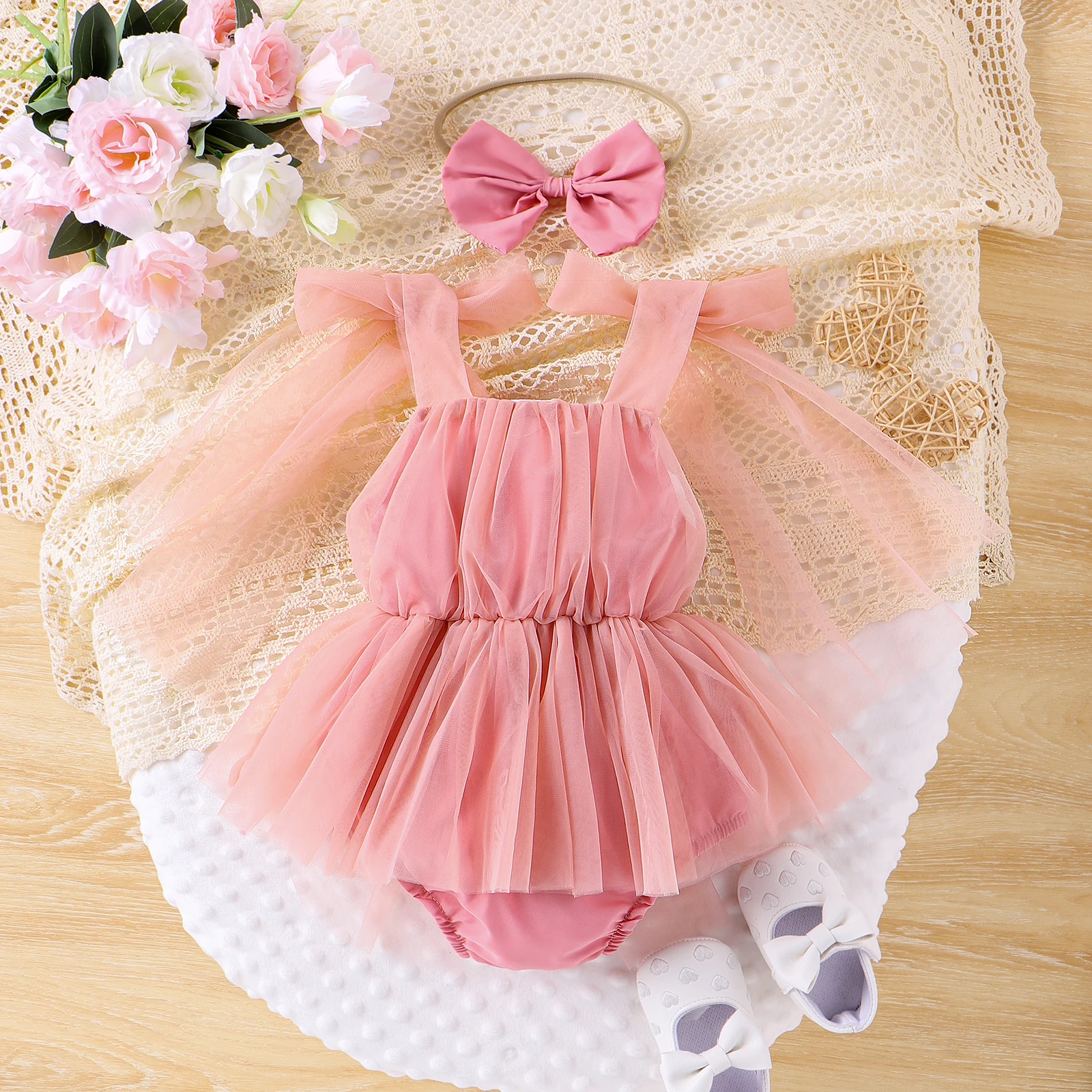 2PCS Summer 0-2 Year Old Baby Girls Soft And Comfortable Fresh And Simple Multi-Colored Lace Skirt Mesh Dress + Headwear