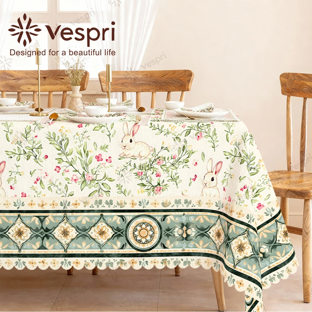 Vespri Oster-Tischdecke Weiß-Grün mit Hasen- und Blumenmuster, Geometrisches Design, Rund, Rechteckig, Oval, Tischdecke für Partys aus Polyester