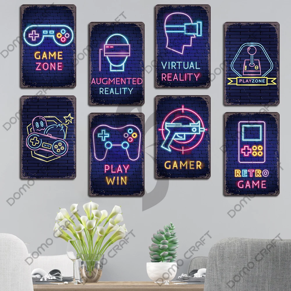 Neon Video Game Poster Metal Plate Gamer Play Win Game Zone Metal Tin Signs Retro Wall Decor Game Room Bar Pub Man Cave