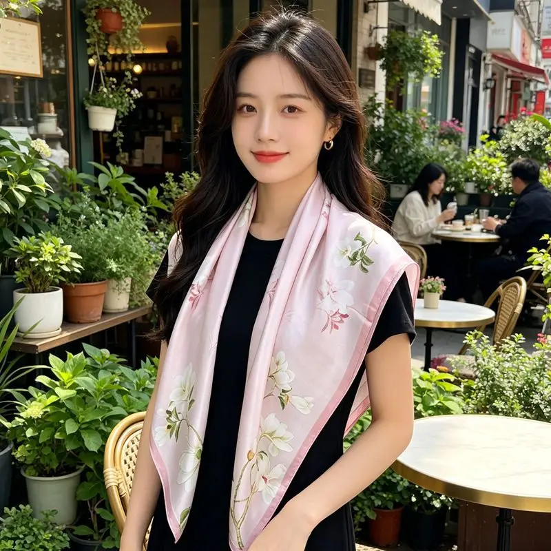 100% Mulberry Silk Scarf Fresh Floral Print 90cm Square Scarf Shawl Wrap 2 in 1 Women