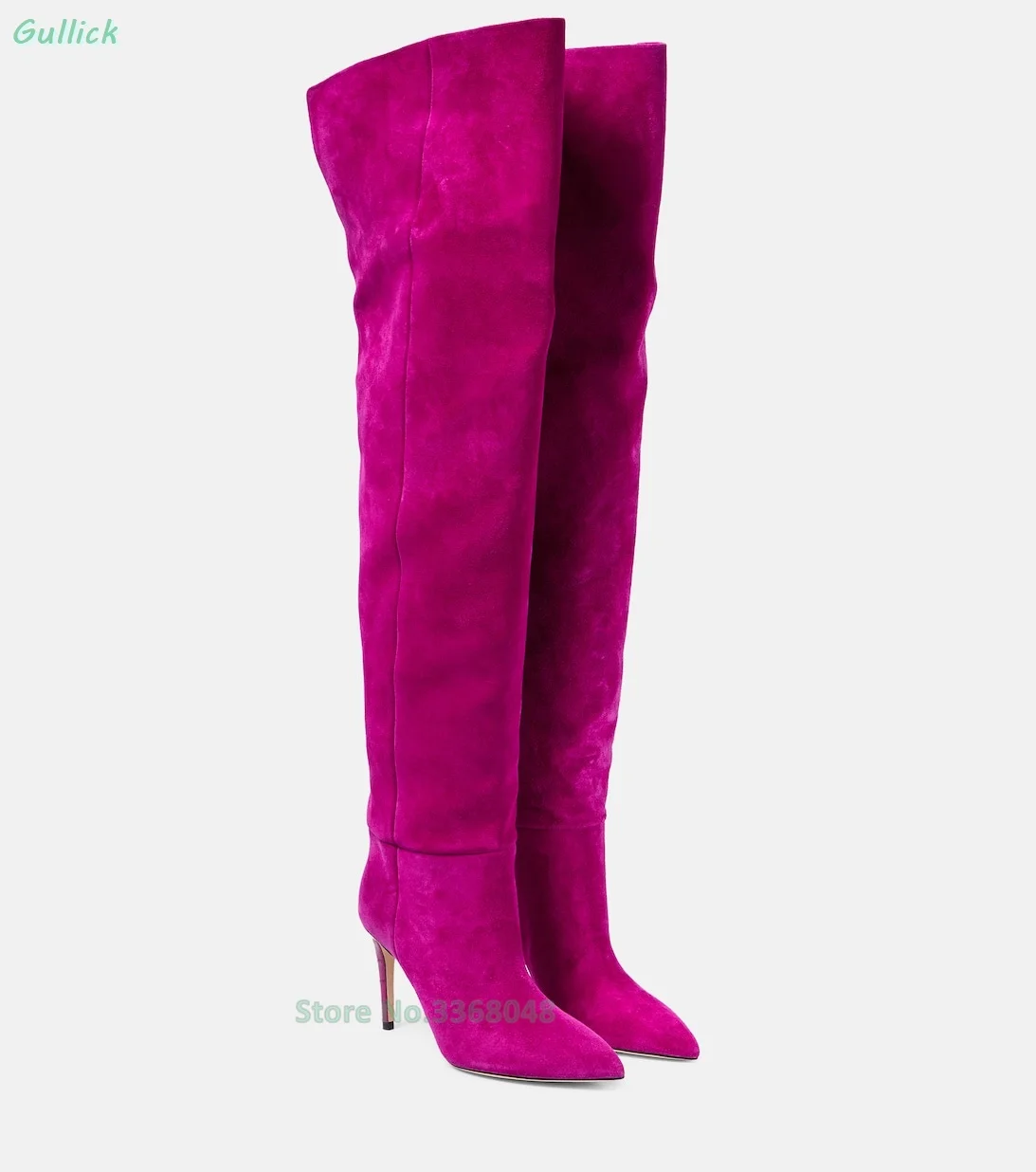 أحذية من جلد الغزال فوق الركبة باللون الأسود الوردي والفخذ العليا للشتاء أحذية نسائية عصرية بكعب عالي رفيع مثير بمقدمة مدببة موضة 2024