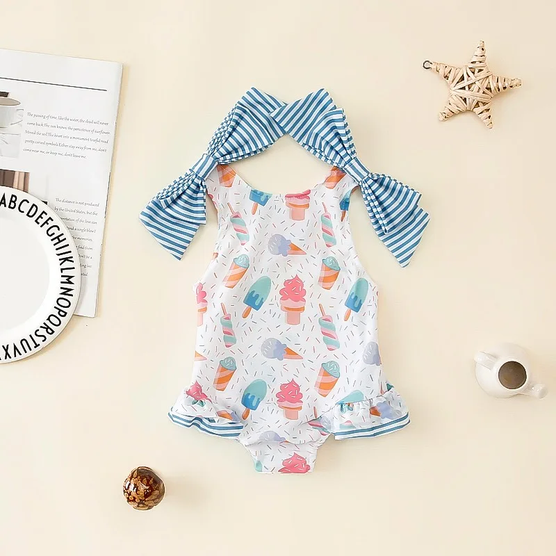 

Girls' Bowknot Strap One-Piece Swimsuit Children's Lace Quick-Drying Printed Comfortable One-Piece Children's Sportswear