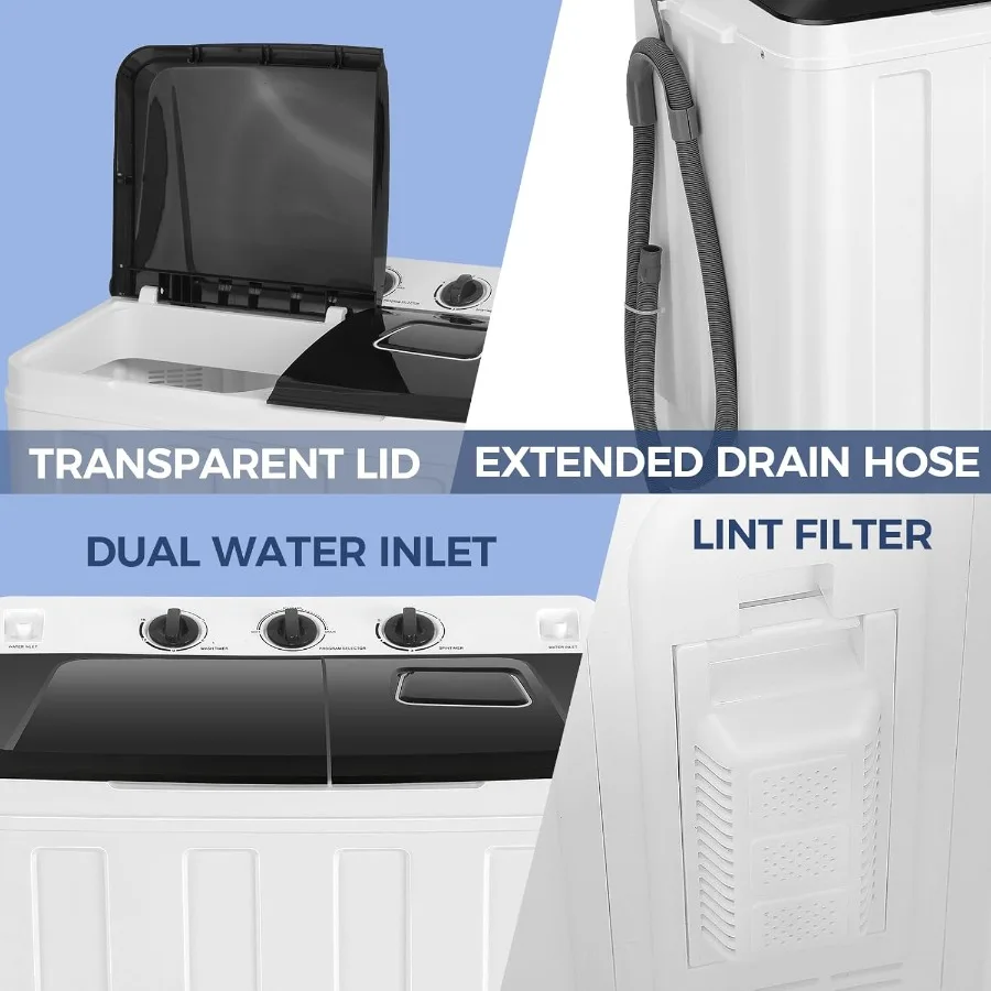 Mesin Cuci Portabel 30Lbs Solusi Cucian Ringkas dengan Pompa Pembuangan untuk Apartemen, Asrama, dan RV Semi-Otomatis 19Lbs Mesin Cuci