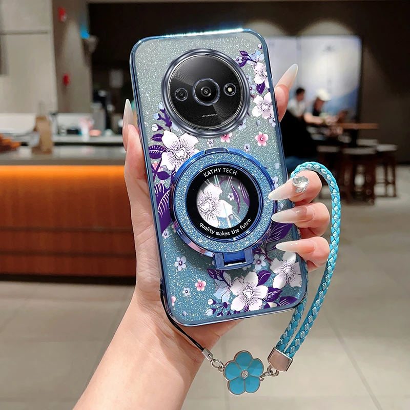 A3 Purple flowers Plating Bracelet Holder Phone Case For Xiaomi Redmi A3 9C A1 A1Plus 9 A3X 9i A4 A2 9AT 9A Turbo 3 4 Cover