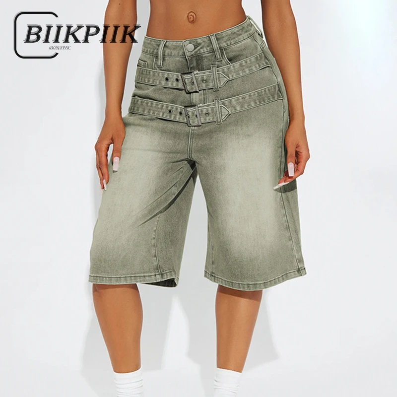 

BIIKPIIK Washed Buttons Denim Pants Streetwear Fashion Women Short Jeans Casual All-match Loose Fit Trousers Trend Summer Bottom