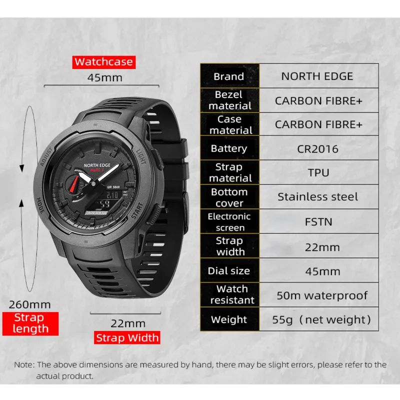 NORTH EDGE Mens Watch MARS3 Carbon Fiber Case Stopwatch Alarm Clock World Time Waterproof Watches for Men with Box Reloj Hombre