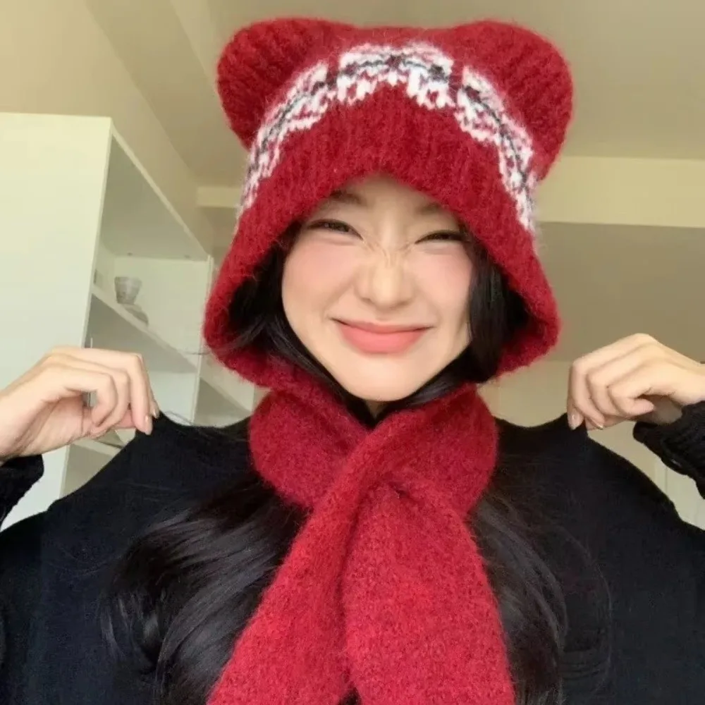 

Cat Ear Warm Knitted Hat Windproof Thickened Women's Knitted Scarf Hat Pullover Style Ear Protection Unisex Baseball Cap