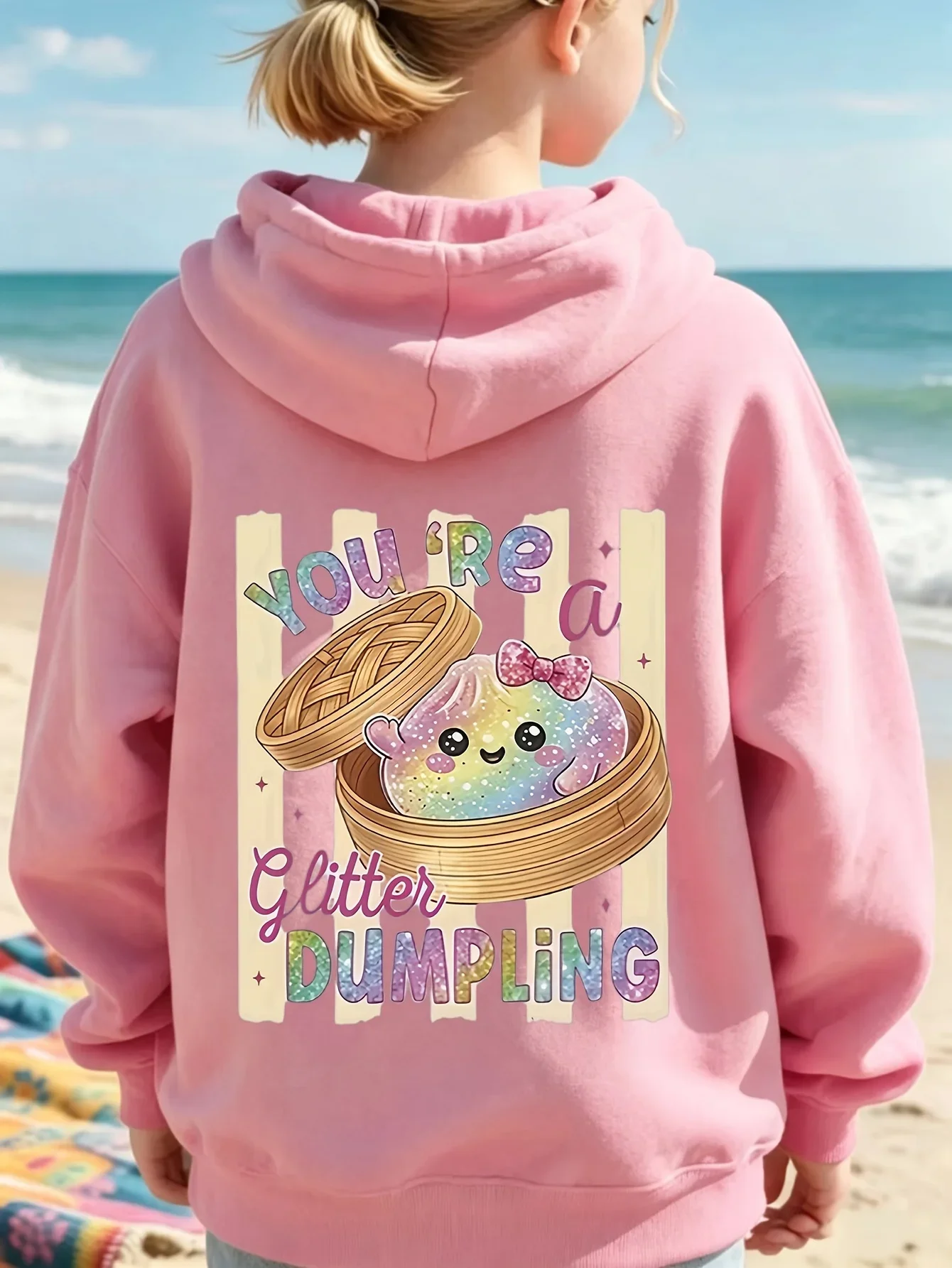 Teen Girls Cute Rainbow Glitter Dumpling Graphic Hoodie Printed Black Sweatshirt Kawaii Casual Loose Hooded Pullover Tops