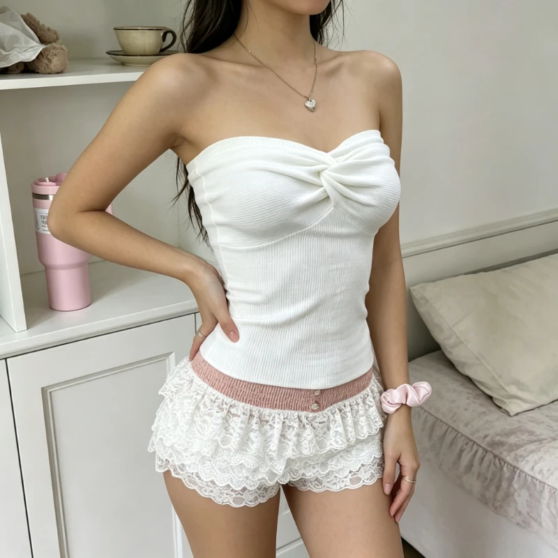 Summer White Knit Crop Top, Women Off Shoulder Backless Bandeau Tube Blouse, Spicy Girl Streetwear Fit Y2K Casual Club Knitwear