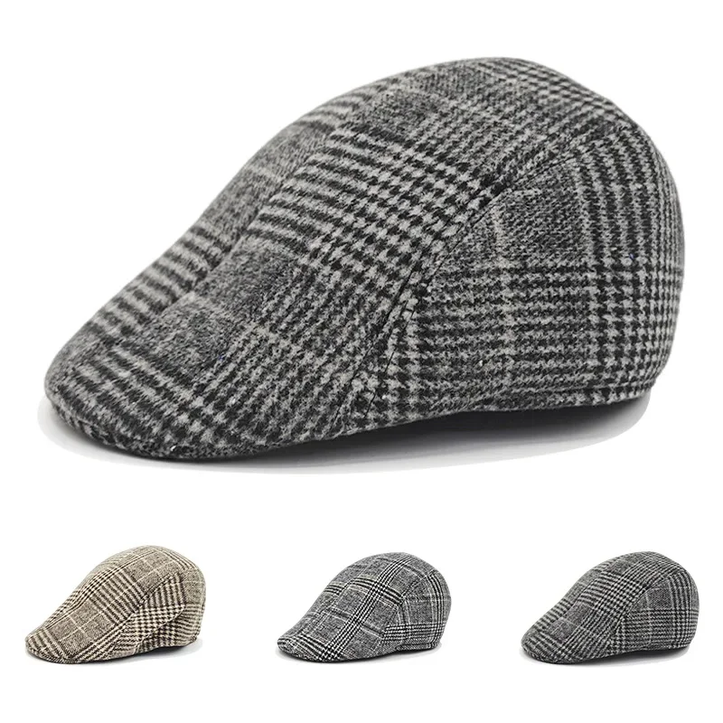 Fall Winter Men Beret Pu Plaid Peaked Forward Cap for The Middle Elderly Men Dad Grandpa Thick Ear Protection Military Hat Beret