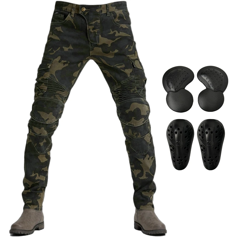 Men Camo Jeans Four Seasons Cycling Pants Motocross Belt Protective Gear Motorcycle Trousers Driver's License Test Motos Jeans