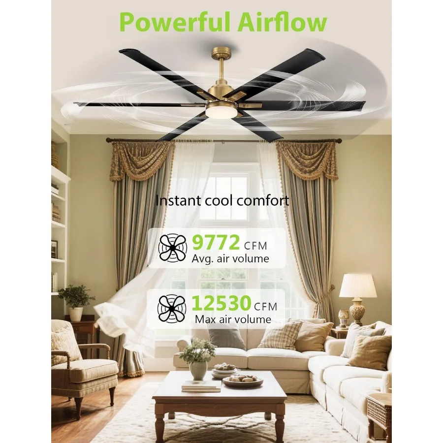 مروحة سقف بمحرك تيار مستمر 72 بوصة مع ضوء LED متكامل 6 شفرات ألومنيوم سوداء عملية التحكم عن بعد تدفق هواء عكسي