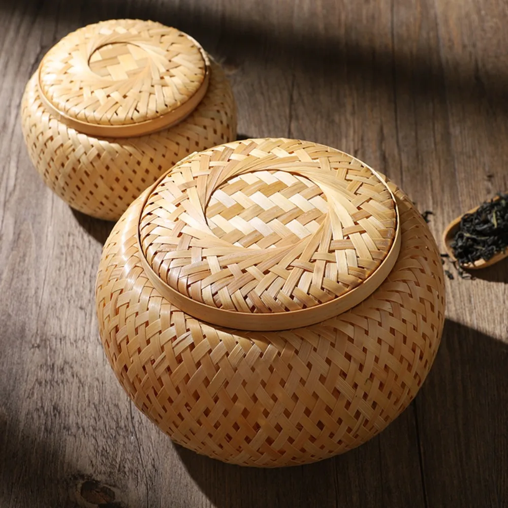Natural Double Layer Bamboo Weave Basket Retro Pastoral Style Tea Box Handmade Breathable Bamboo Food Storage Jars Snack