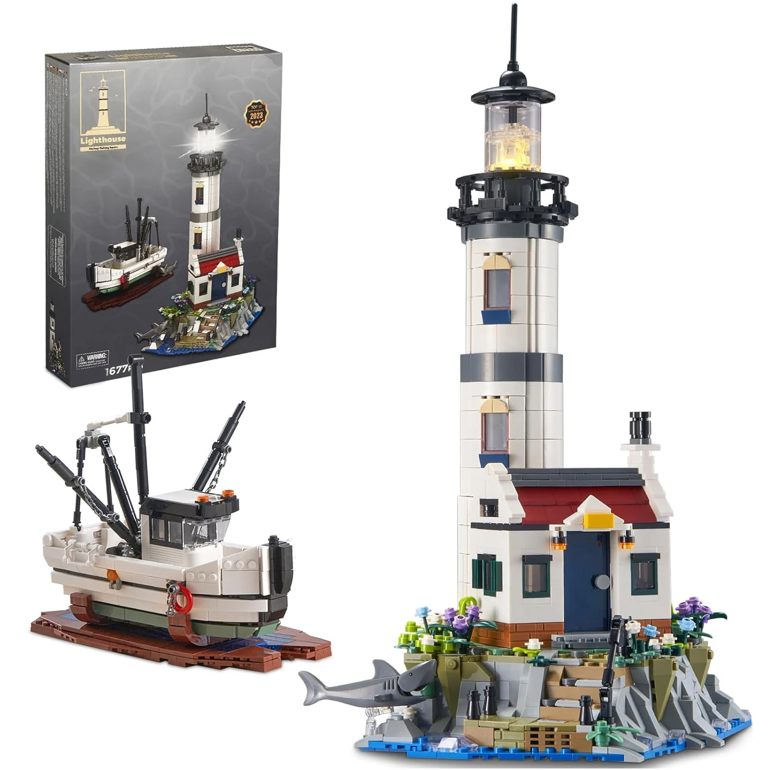 1677PCS Electric Lighthouse Building Blocks Fisherman Rescue Boats Lighthouse Model Bricks With Light Kids Toys Christmas Gifts