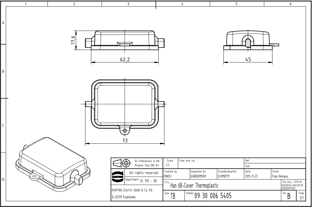 09300065405 Original German  GERMAN HARTTING  HAN 6B upper shell protective cover single fixed rod