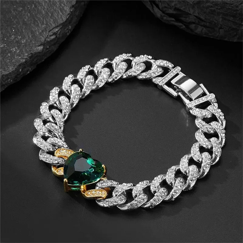 13mm Dog Cat Chain Big Green Heart Diamond Miami Cuban Link Walking Metal Collar Jewelry Accessories for Medium Big Pets
