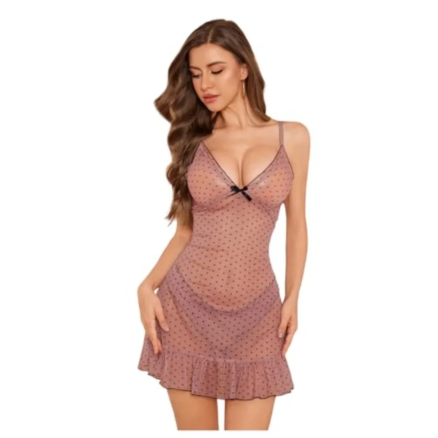 

WDIRARA Women's 2 Pcs Sheer Mesh Lingerie Set Polka Dots Nightdress Bow Ruffle Nightgown and Panty Sets