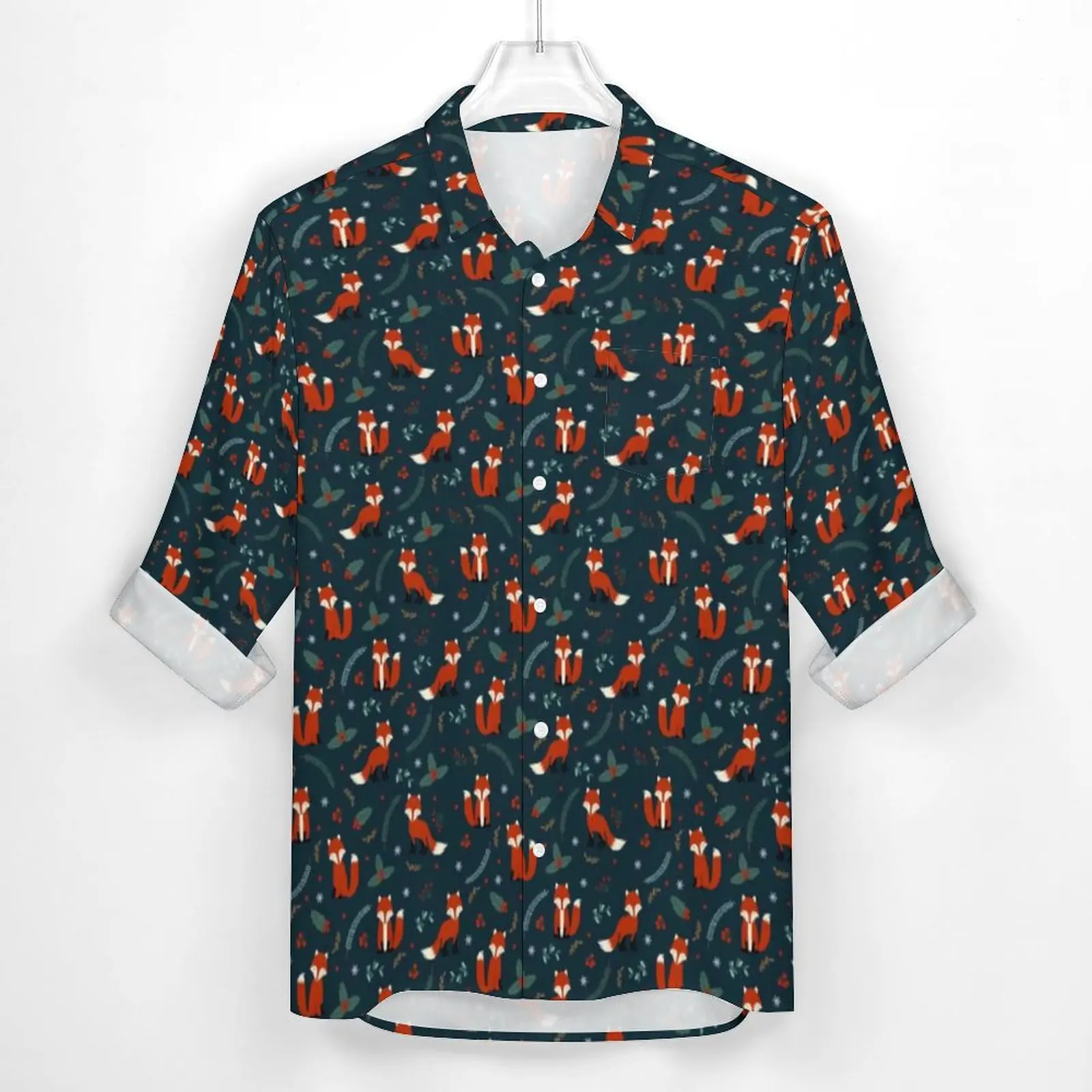 Folly Fox Cuties Shirt Autumn Woodland Print Casual Shirts Men Fashion Blouses Long Sleeve Design Y2K Tops Plus Size