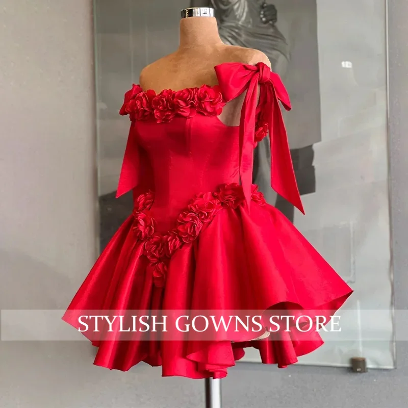 Homecoming Red Cocktail Dresses Mini 3D Flowers Off the Shoulder Evening Party Gown for Woman Backless Lace Up Homecoming Gown