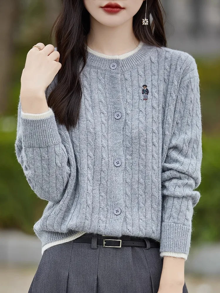 كارديجان أنيق محبوك للخريف والشتاء مع تطريز، طبقة أساسية بأسلوب جامعي، دافئ بأكمام طويلة وياقة مستديرة وتصميم فضفاض #3