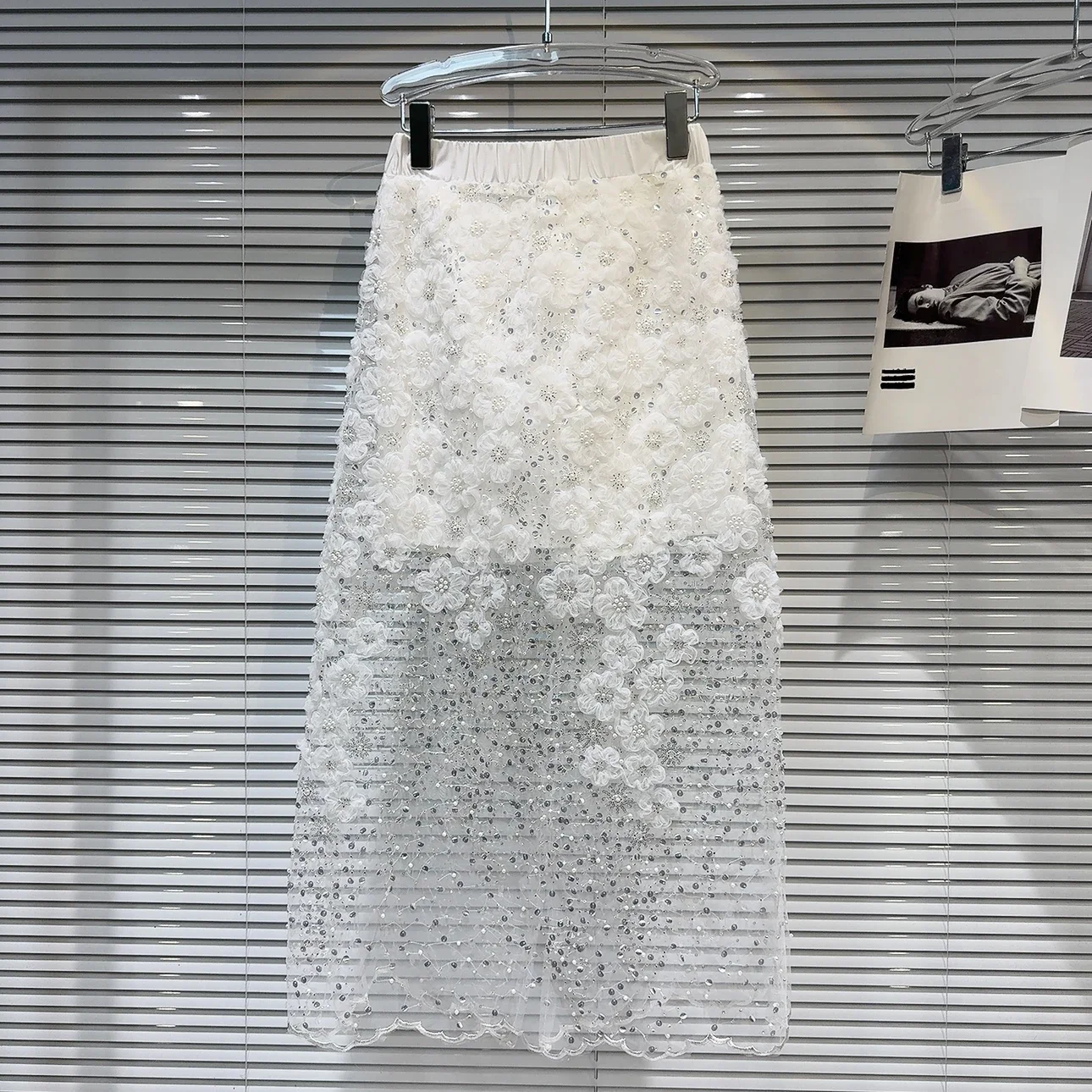 2025 Summer New Arrival Petals Sequins White Long Mesh Skirt Women