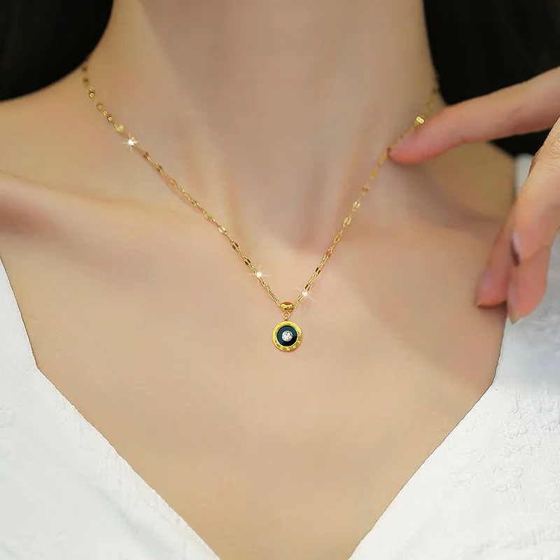 Titanium steel Roman inlaid Zircon Gold-plated Pendant Necklace for Women's Ins Collarbone Chain Accessories