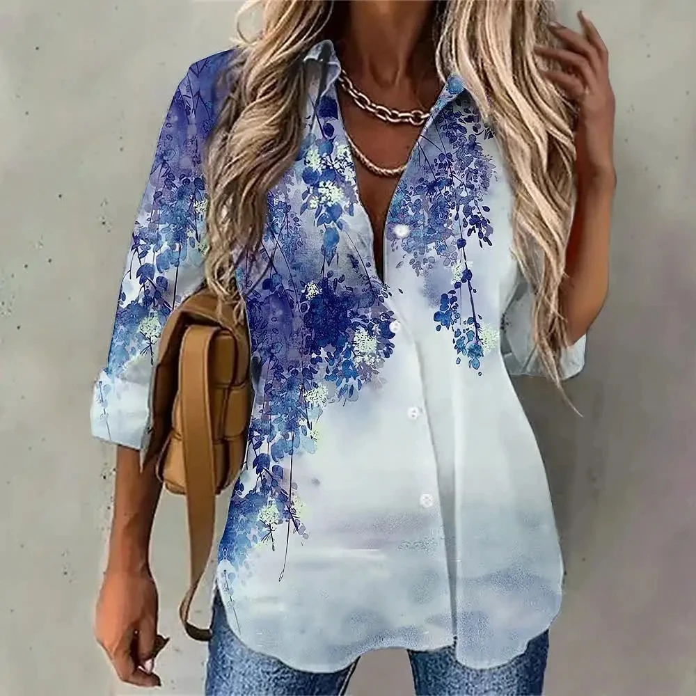 Elegant Women\'s Shirts & Blouses Blue Purplegreen Flower Flower Print Button Long Sleeve Casual Shirt Fit Summer Female Clothing