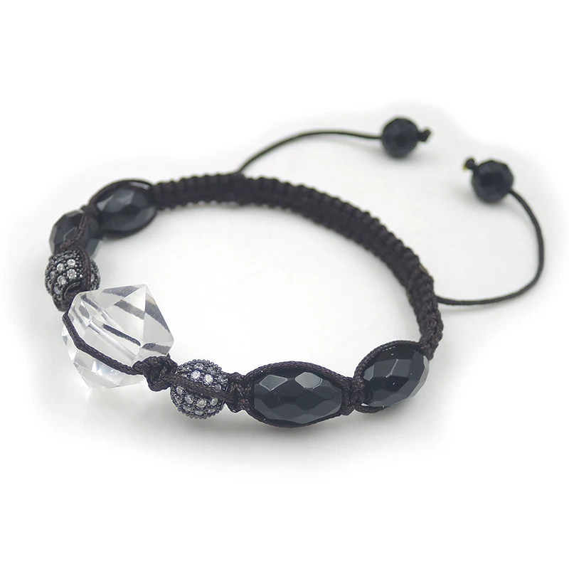 Natural Quartz Point Micro Pave CZ Ball Black Agate Faceted Chubby Beaded Bracelet Hand-knitting Centipede Knot 6-8 Inches