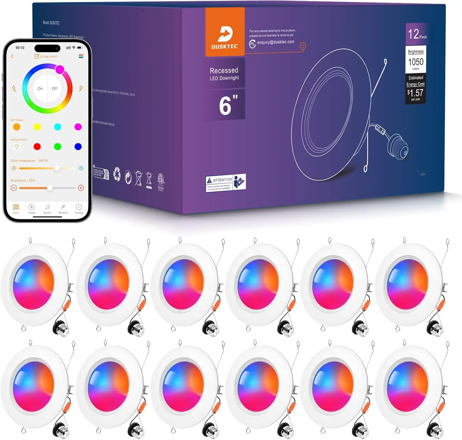 

6-дюймовые умные встраиваемые светильники, 12 штук в упаковке - светодиоды RGBCW с изменением цвета, диммируемые, управление через Alexa и приложение