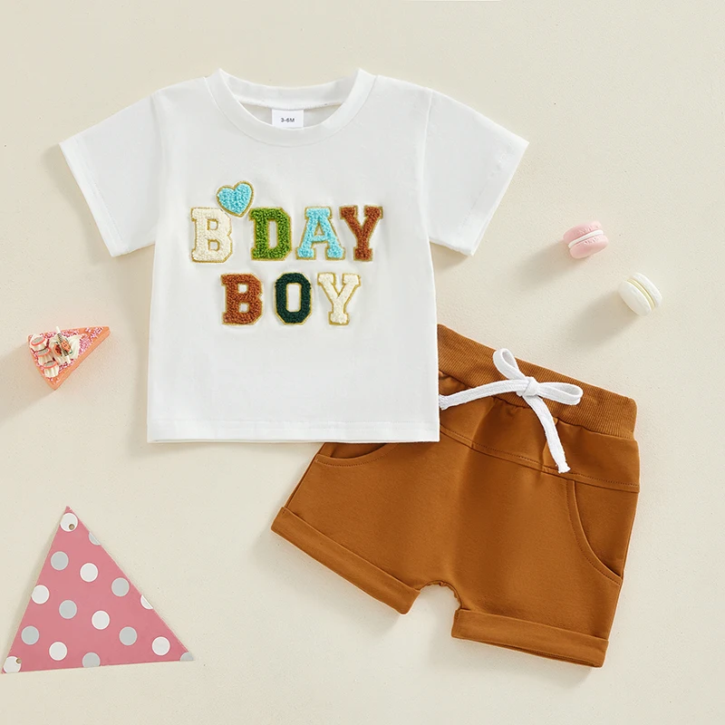 

Toddler Baby Boy Summer Round Neck Short Sleeve T-Shirt Birthday Letter Print Elastic Pullover Tee Sweatshirt Outfit Clothes Set