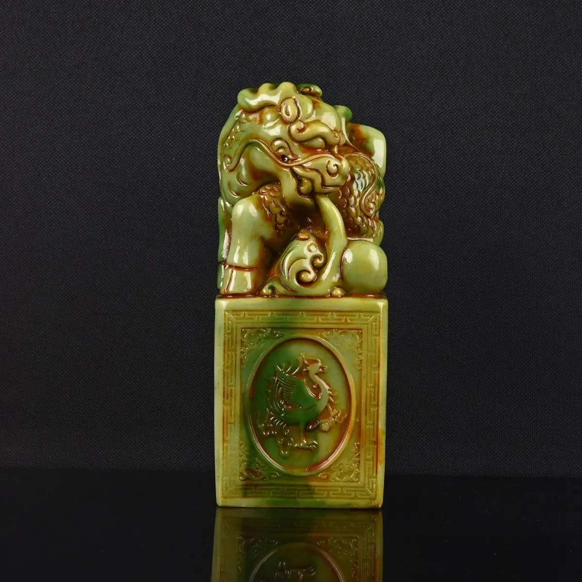 Antique Chinese Green Jade Square Seal, Pixiu Knob Carved Four Divine Beasts Imperial Seal