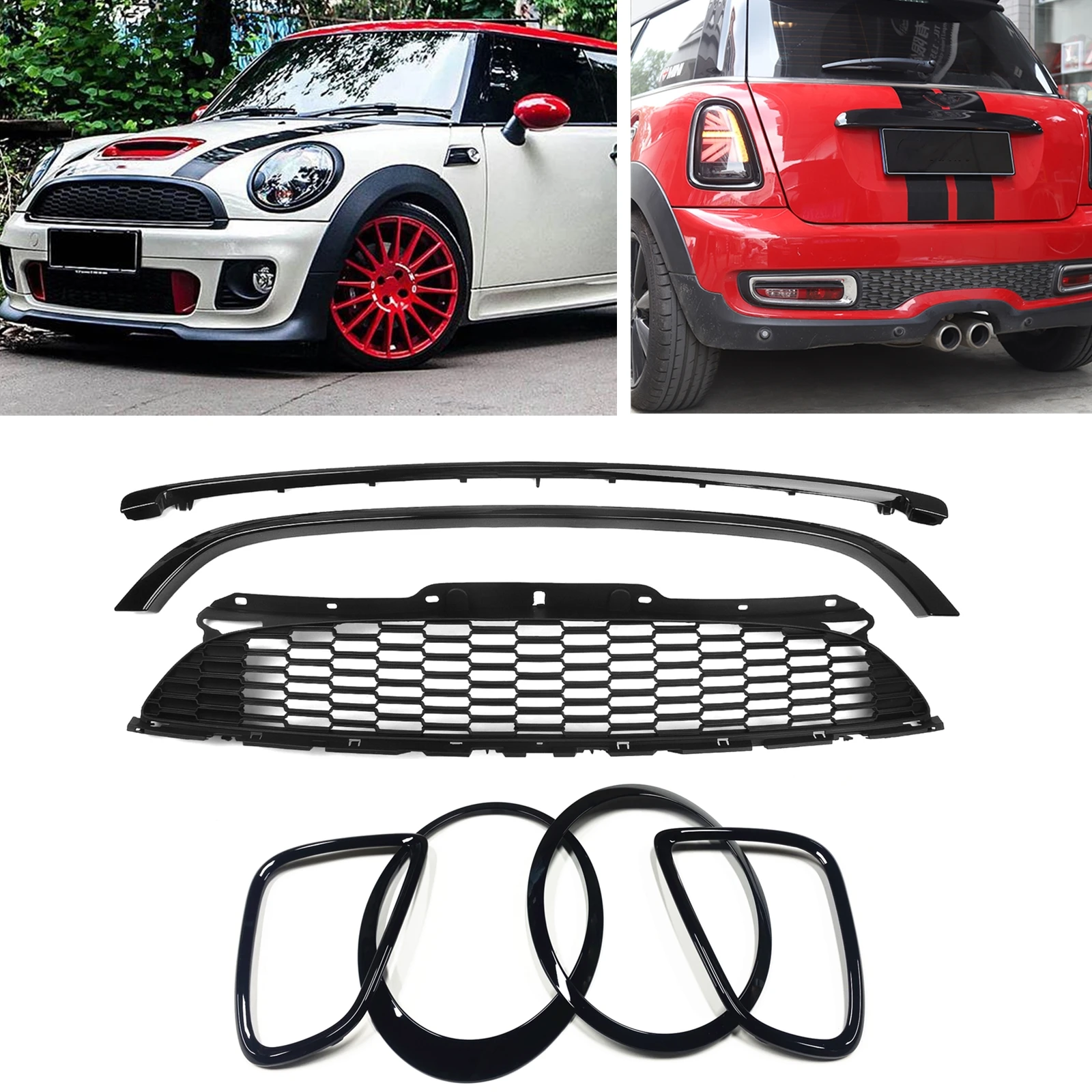 

For BMW MINI COOPER R55/R56/R57/R58/R59 2007-2015 JCW Only Grill Outline Trim+Front Grille+Headlight Frame+Rear Lamp Cover Bezel