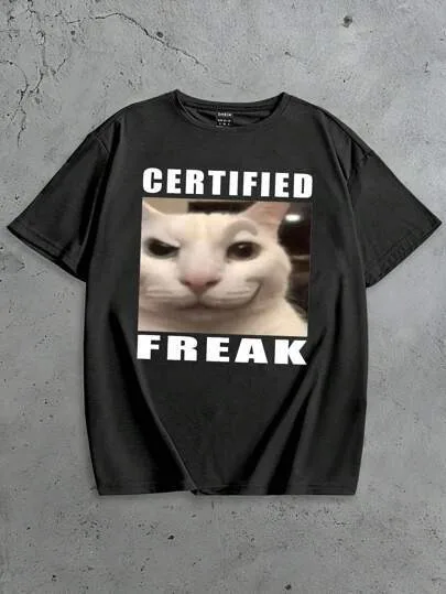 عارضة الأسود القط القلب طباعة تي شيرت أسود أبيض قاعدة اللون الأسود القط وجه غريب الوردي النص العصرية مضحك أعلى #1