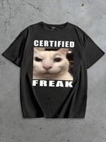 Casual Black Cat Heart Print T-Shirt Black White Base Color Black Cat Weird Face Pink Text Trendy Funny Top