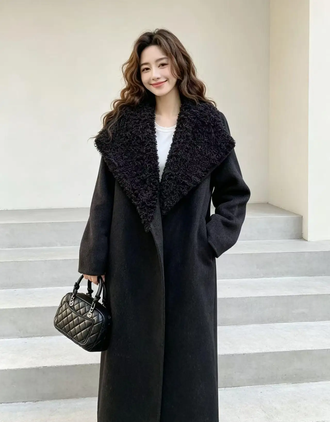 Autumn and Winter New Women's Woolen Coat Splicing Lamb Wool Commuter Casual Coat