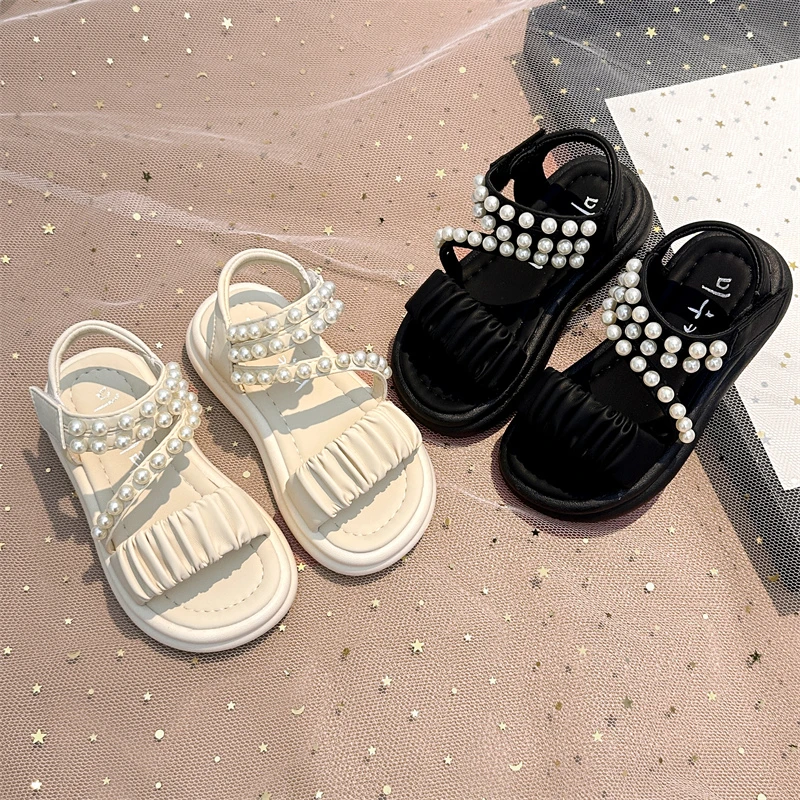 Girls Princess Pleated Sandals Kids Summer Beach Shoes Sweet Soft Sole Children Pearls Sandals Open Toes 2025 Summer New
