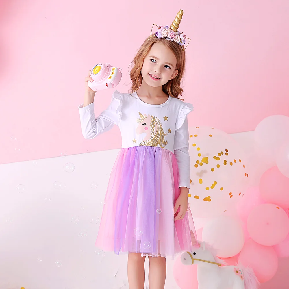 VIKITA Mädchen Einhorn Cartoon Print Kleid Kinder Flare Hülse Herbst Frühling Prinzessin Kleider Mädchen Mesh Tüll Party Vestidos 3-8 jahre – Detail 2