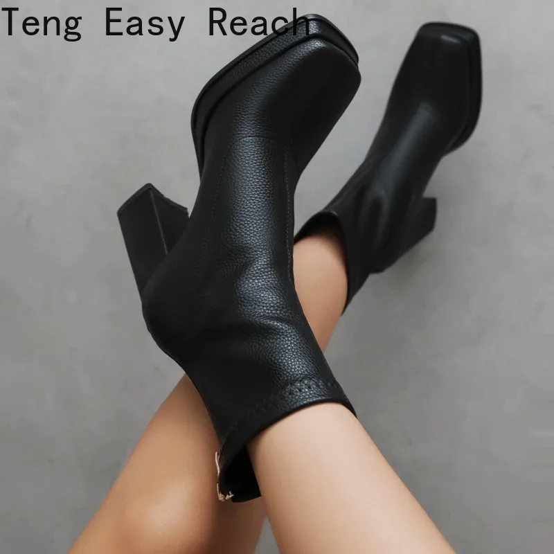 

Winter Fashion Black High-heeled Women's Ankle Boots Simple Solid PU Thick Sole Sexy Square Head Square Heel Modern Boots