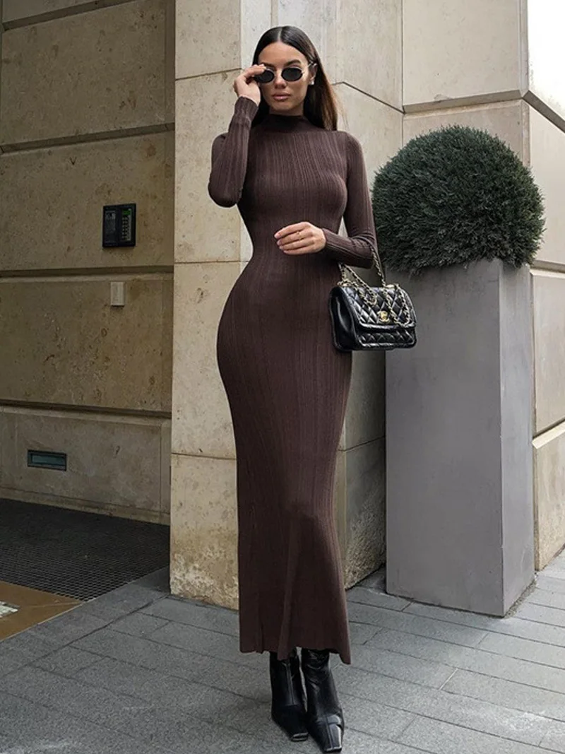 DGLUKE Winter Long Sleeve Bodycon Maxi Dress Woman Mock Neck Ribbed Knitted Sweater Dress Elegant Long Party Dresses For Women