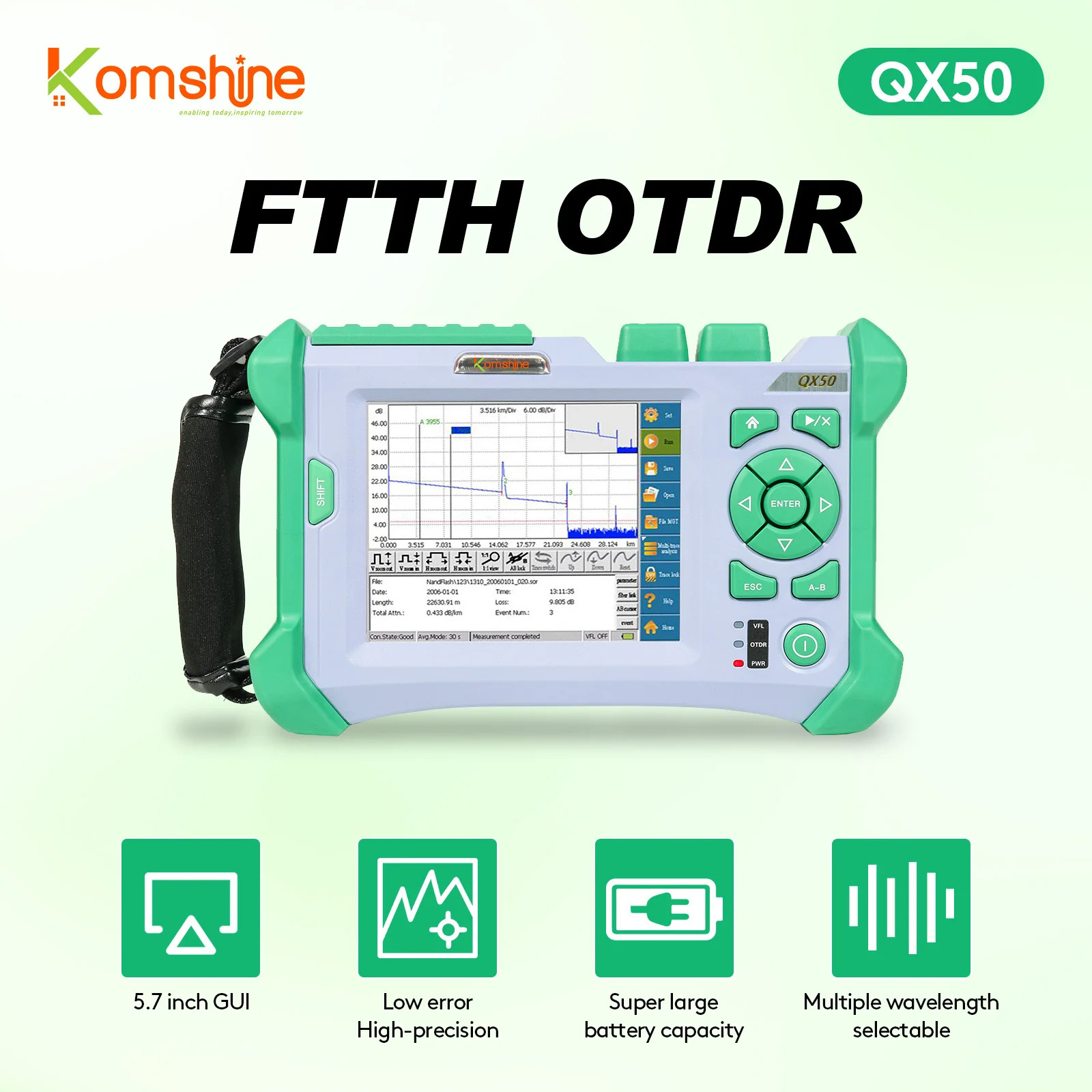 

Оптоволоконный тестер OTDR QX50 SM/MM/PON/MS 5,7-дюймовый сенсорный экран Оптический рефлектометр во временной области с визуальным локатором неисправностей 10 МВт