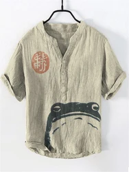 2024 New men's linen shirt short sleeved 3D printed frog pattern pullover, Hawaii short sleeved beach men's and women's shirt