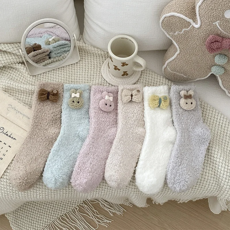 

1 пара зимних теплых коралловых женских носков средней длины, удобные теплые зимние носки с милым кроликом, плюшевые домашние носки-тапочки