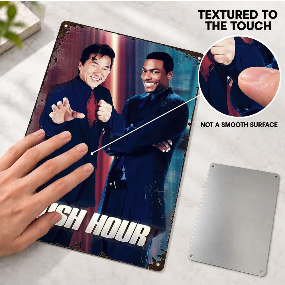 Rush Hour Movie Textured Metal Poster Personalized Aluminum Sign Cinematic Design Wall Art For Media Room Cinema Enthusiast Gift